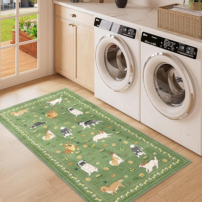 DUKINO 2x4 Runner Rug for Entryway, Animal Dog Print Washable Kitchen Rug with Non Slip, Low Pile Indoor Door Mat Non Shedding Small Throw Carpet Runner for Hallway, Bathroom, Laundry, Bedroom, Green