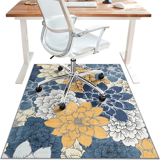 48"x60" Office Chair Mat for Hardwood Tile Floor, Under Desk Carpet Protector for Rolling Computer Chair Mat, Machine Washable Area Rug, Anti-Slip 1/5" Thick Low Pile Thin Vinyl Floor Mat, Navy Yellow
