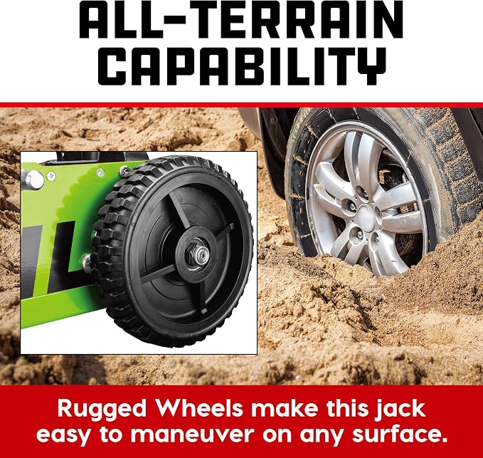 Powerbuilt 2.5 Ton Big Wheel Off Road Jack, Vehicle Lift for Trucks, SUVs, ATVs Offroad Vehicles, Oversized Wheels for Rugged Terrain, 5000 LB Capacity, Green 620624ECE