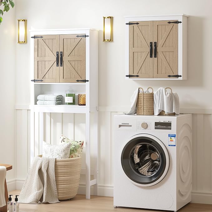 Spirich Over The Toilet Storage Cabinet, Farmhouse Over Toilet Bathroom Organizer with Wood Grain Barn Doors and Adjustable Shelves