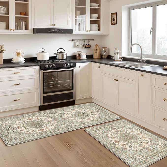 Boho Kitchen Mats for Floor 2 Piece Set Anti Fatigue Cushioned PVC Kitchen Rugs Non Slip Waterproof Farmhouse Mats 2/5 Inch Comfort Standing Mat for Sink, Laundry, 23.6"x39"+23.6"x59",D1