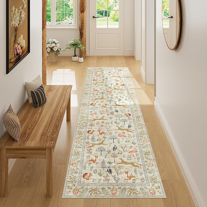 DUKINO Runner Rug, 2x7 Washable Kitchen Rugs for Hallways with Non Slip Backing, Soft Low Pile Vintage Animal Runner for Kitchen, Hallway, Entryway, Laundry, Bedroom, Beige