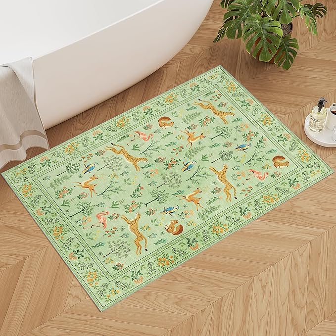 DUKINO 2x3 Rug, Washable Animal Rugs for Entryway, Non Slip Indoor Door Mat, Soft Low Pile Small Area Carpet for Entrance, Bedroom, Kitchen, Laundry, Bathroom, Light Green