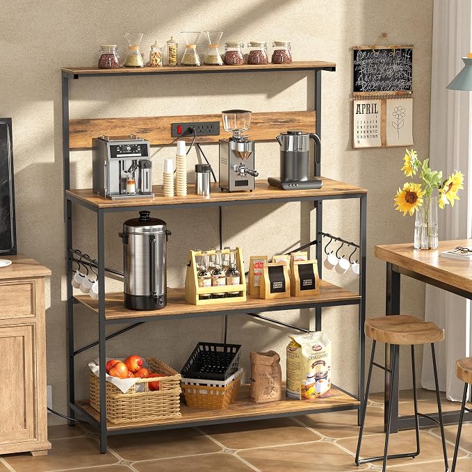 VUSIGN Kitchen Bakers Rack with Power Outlet, 4 Tiers Microwave Stand with Storage, 39.4 Inch Coffee Bar Station with 6 S Hooks, Adjustable Bakers Rack with Storage for Spices/Pans/Pots, Rustic Brown