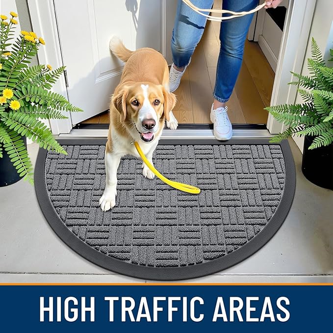 OLANLY Half Circle Door Mat Outside Entrance 29.5x17, Absorbent, Heavy Duty Sturdy Natural Rubber Doormat Indoor Outdoor, Fade Resistant, Non-Slip Backing Low Profile Floor Mat for Entryway, Grey