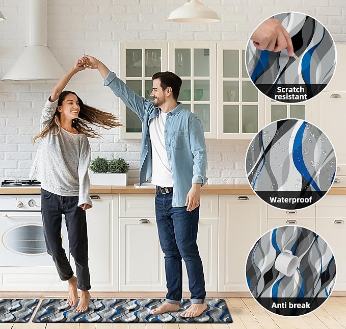 Kitchen Mats for Floor Modern Abstract kitchen rugs Grey and Blue Stripe Anti Fatigue Kitchen Mats Waterproof Floor Mats Cushioned Non-Skid Standing Mats for Kitchen, Set of 2,17.3 x 28+17.3 x 47
