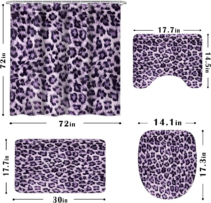4 PCS Black Purple Leopard Shower Curtain Set 72Wx72H,Toilet Lid Cover,Non-Slip Rugs and U-Shaped Mat,Wild Cheetah Bathroom Sets with Rugs Shower Accessories 12 Hooks for Bathroom Decor