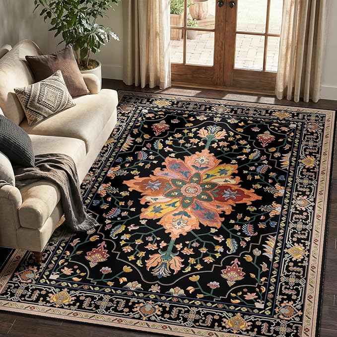 RELEANY Area Rugs 5'x7' Washable Non-Slip, Floral Vintage Distress Medallion Carpet for Living Room Bedroom Dining Room, Black Colorful Floral Dark Tan
