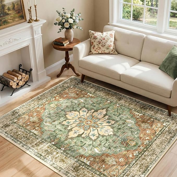 RELEANY Area Rugs 4'x6' Washable Non-Slip, Floral Vintage Distress Medallion Carpet for Living Room Bedroom Dining Room, Terracotta Burnt Orange Green