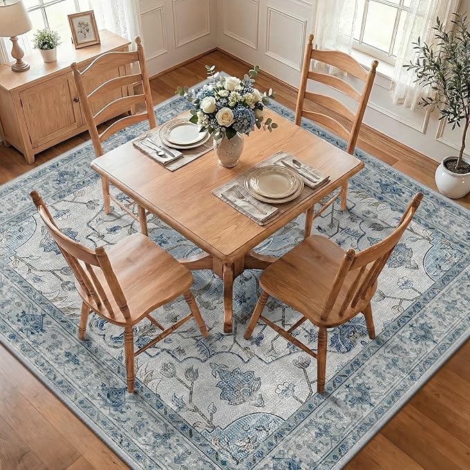RELEANY Area Rugs Square 8ft Washable Non-Slip, Floral Vintage Distress Medallion Carpet for Living Room Bedroom Dining Room, Light Blue Navy Gray White