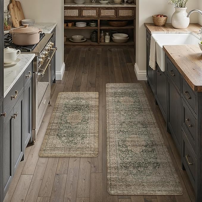 Vintage Kitchen Mats for Floor Anti Fatigue Waterproof Kitchen Rugs Sets of 2 Green Brown Cushioned Non-Slip Kitchen Mats Comfort Standing Mat for Sink Laundry Office 17.3"×47"+17.3"×30"