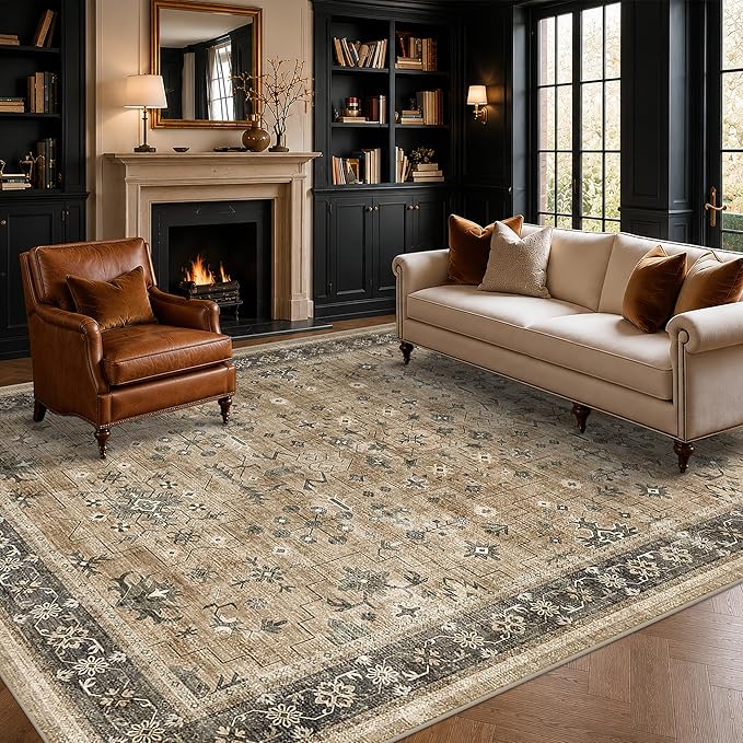 Vintage Taupe Sage 6x9 Rug for Living Room - Washable Dining Room Rugs for Under Table, Low Pile Non-Slip Carpet for Bedroom - Natural Earthy & Boho Eclectic Home Decor