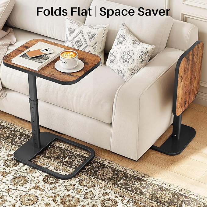 Kitstorack TV Tray Table, Adjustable Height & Flip-Top & Rounded Metal Corners, Snack Table for Couch, Sofa, Bed, Chair, Living Room, C Shaped End Side Table for Eating, Dinner or Laptop, Small Spaces