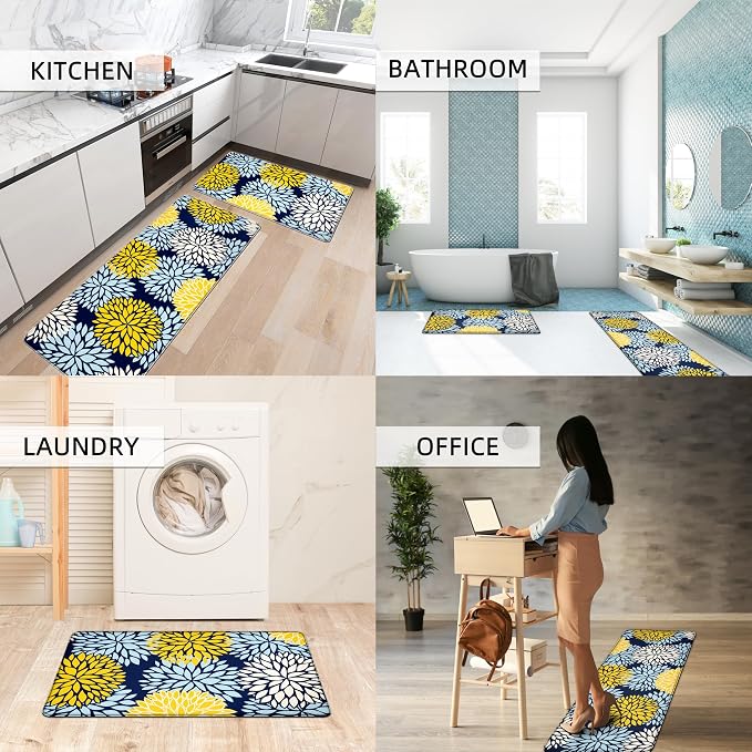 Kitchen Mats Set of 2 Cushioned Anti Fatigue Kitchen Rugs Non Slip Waterproof Kitchen Runner Memory Foam Floor Mat Comfort Standing Mat for Sink,Office,Laundry, Navy Yellow