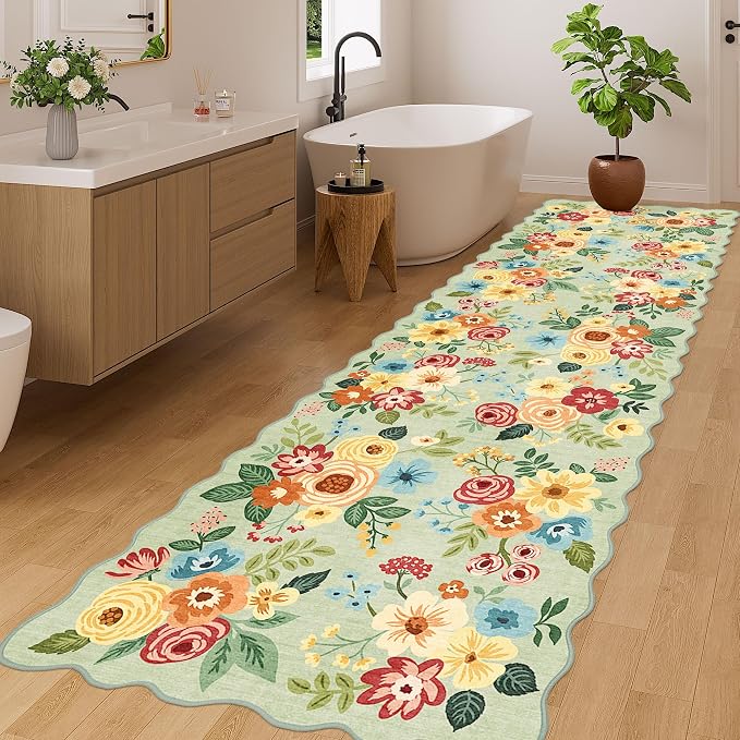 DUKINO 3x10 Washable Runner Rug, Non Slip Floral Ultra Soft Runner for Hallway, Lightweight Low Pile & Stain Resistant Long Throw Carpet for Kitchen, Bathroom, Entrance, Bedroom, Kids Room, Green