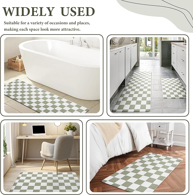 Sage Green Checkered Grid Checkerboard Kitchen Rug Sets [2 PCs], Anti-Fatigue, Waterproof Non-Slip Kitchen Mats Heavy Duty Comfort Foam Rug for Kitchen, Floor, Home,Laundry,17"x29"+17"x47"