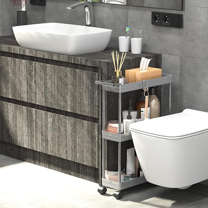 Simple Houseware 3-Tier Slim/Narrow Storage Cart with Handle, 5.5'' Wide x 27.5'' Height Rolling Organizer for Kitchen, Bathroom, Laundry Room - Grey