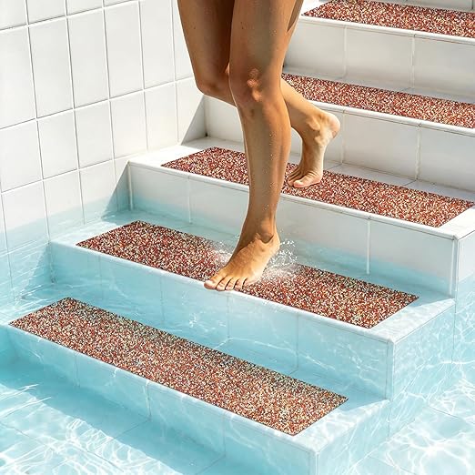 LifeGrip Outdoor Anti Slip Stair Treads 5-Pack, 8" X 32" Waterproof Rubber Grip Tape for Outdoor Stairs, Pool, Garden and Deck, Barefoot-Friendly Non Slip Step Strips, Brown