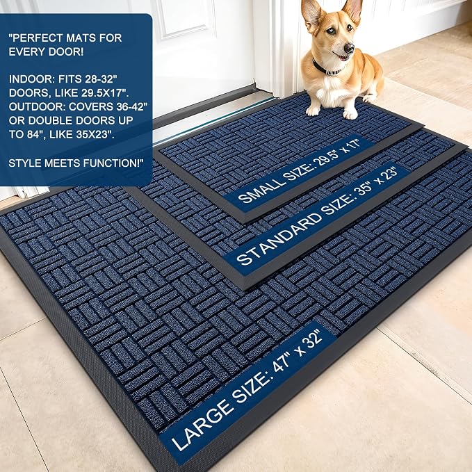 OLANLY Front Door Mat Outside Entrance 47x17, Absorbent, Heavy Duty Sturdy Natural Rubber Doormat Indoor Outdoor, Non-Slip, Stain and Fade Resistant, Low Profile Floor Mat for Entryway, Navy Blue