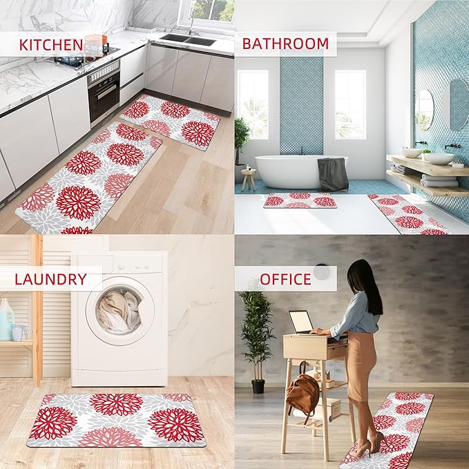 Kitchen Mats Set of 2 Cushioned Anti Fatigue Kitchen Rugs Non Slip Waterproof Kitchen Runner Memory Foam Kitchen Floor Mat Comfort Standing Mat for Sink,Office,Laundry, Red