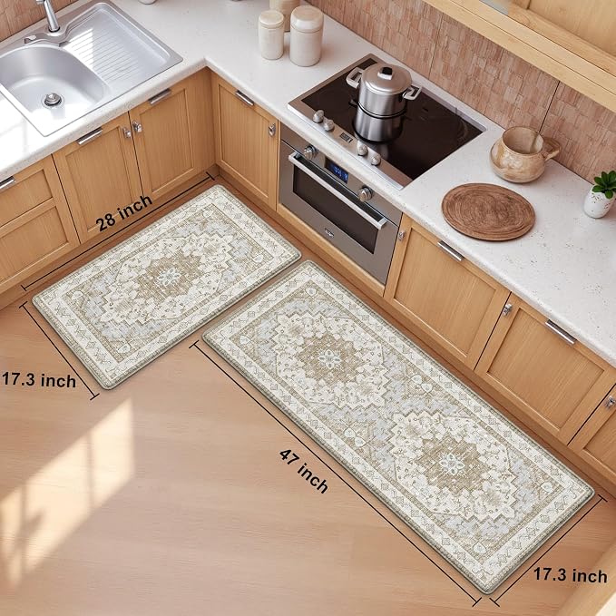 Boho Kitchen Mats for Floor 2 Piece Set Anti Fatigue Cushioned PVC Kitchen Rugs Non Slip Waterproof Farmhouse Mats 2/5 Inch Comfort Standing Mat for Sink, Laundry, 17.3"x47"+17.3"x28", Beige Tan