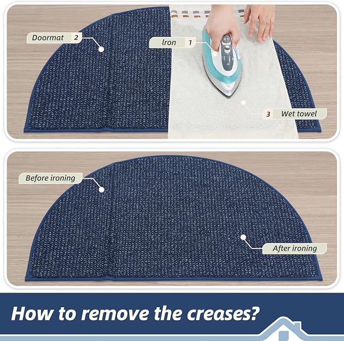 BEQHAUSE Dirt Trapper Door Mat 26" x 40" Half Circle Non-Slip Washable Doormats Entrance Rugs Absorbent Welcome Low Profile Floor Mats for Front Back Door and Entryway, Blue