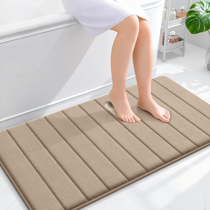OLANLY Memory Foam Bath Mat 44x24, Super Soft Absorbent Bathroom Rugs, Quick Dry, Machine Washable Shower Floor Rugs, Bathmat Carpet, Bathroom Home Decor Accessories, Tan