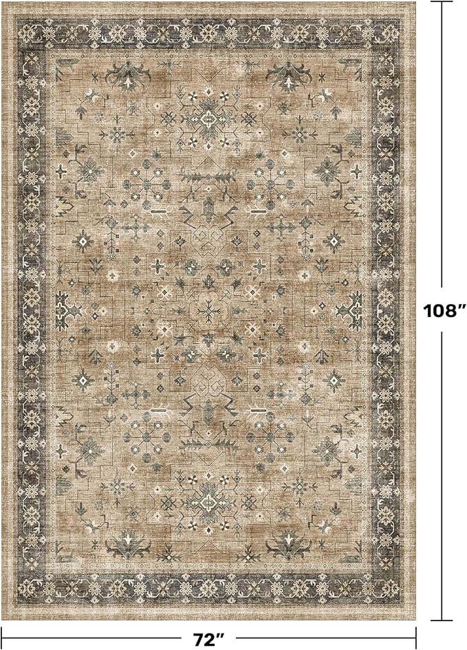 Vintage Taupe Sage 6x9 Rug for Living Room - Washable Dining Room Rugs for Under Table, Low Pile Non-Slip Carpet for Bedroom - Natural Earthy & Boho Eclectic Home Decor
