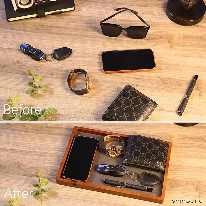 Shinpuru Wooden Valet Tray for Men, Nightstand Organizer with Leather Inlay, EDC Essentials Catchall Tray for Keys, Phone, Wallet, Watch, Earbuds - Bedside Desk Entryway Tray (Wood-Full)