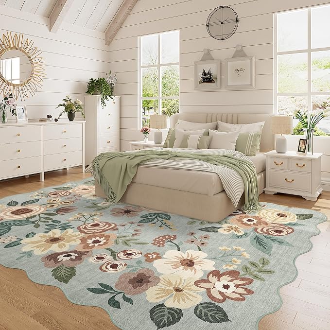 DUKINO 6x9 Area Rug, Floral Washable Rugs for Living Room with Non Slip Backing & Non-Shedding, Lightwight Low Pile Boho Design Large Carpets for Bedroom, Living Room, Dining Room, Sage Green