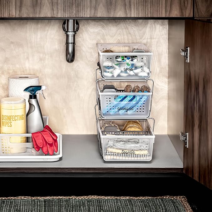 madesmart 2 Tier Organizer, Under Cabinet Storage with Pull Out Sliding Drawers, for Cleaning Supplies, Pantry, Undersink, Sponges, Bottles & Bath, Pull Out Baskets, Frost 2 PACK