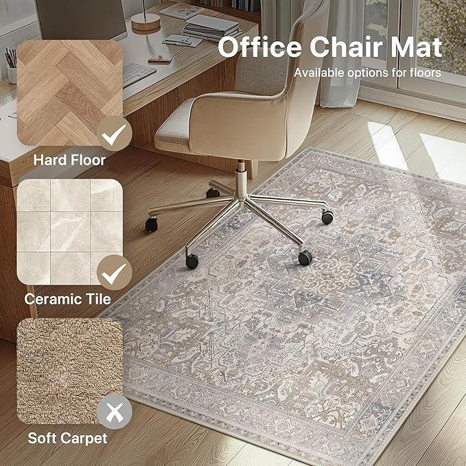 36"x48" Office Chair Mat for Hardwood Tile Floor, Under Desk Carpet Protector for Rolling Computer Chair Mat, Machine Washable Area Rug, Anti-Slip 1/5" Thick Low Pile Thin Vinyl Floor Mat, Khaki Blue