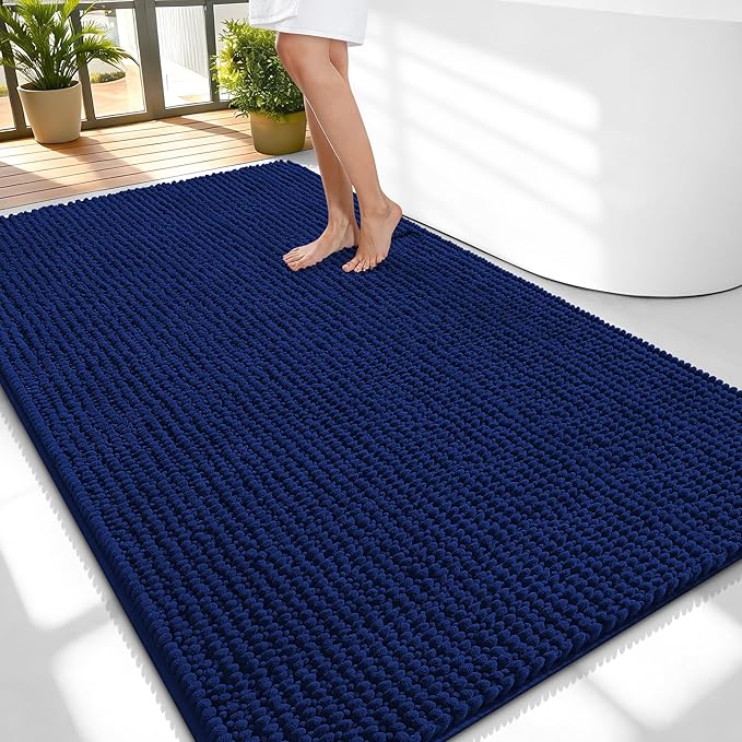 OLANLY Thick Large Bathroom Rugs 59x35, Extra Soft Absorbent Chenille Bath Rugs, Rubber Backing, Machine Wash Dry, Bath Mats for Bathroom Floor, Tub and Shower, Home Decor Accessories, Navy