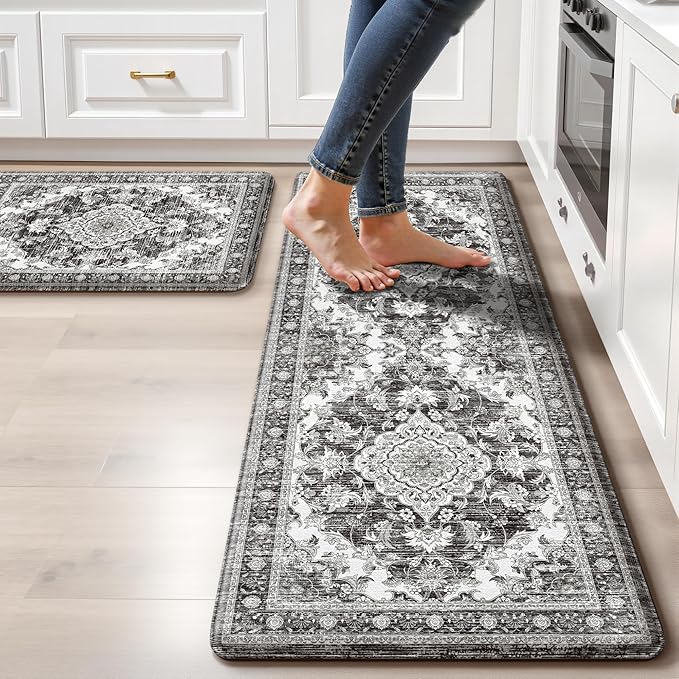 Boho Kitchen Mats for Floor 2 Piece Set Anti Fatigue Cushioned PVC Kitchen Rugs Non Slip Waterproof Farmhouse Mats 2/5 Inch Comfort Standing Mat for Sink, Laundry, 17.3"x59"+17.3"x28", Grey