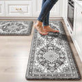 Boho Kitchen Mats for Floor 2 Piece Set Anti Fatigue Cushioned PVC Kitchen Rugs Non Slip Waterproof Farmhouse Mats 2/5 Inch Comfort Standing Mat for Sink, Laundry, 17.3"x59"+17.3"x28", Grey