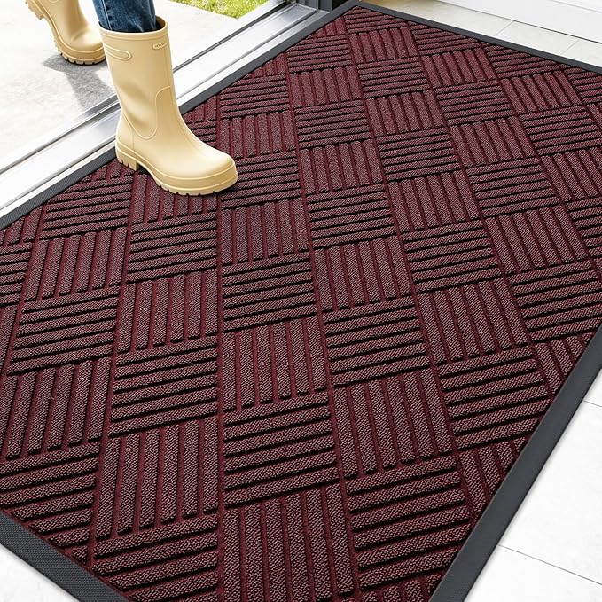 OLANLY Front Door Mat Outside Entrance 47x32, Absorbent, Heavy Duty Sturdy Natural Rubber Doormat Indoor Outdoor, Stain Fade Resistant, Non-Slip Low Profile Floor Mat for Entryway, Burgundy Diamond