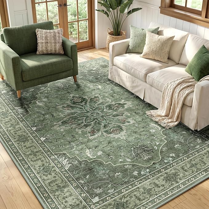 RELEANY Area Rugs 5'x7' Washable Non-Slip, Floral Vintage Distress Medallion Carpet for Living Room Bedroom Dining Room, Dark Green Gray