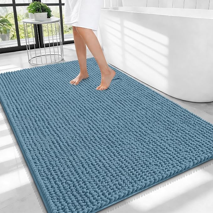 OLANLY Thick Large Bathroom Rugs 40x32, Extra Soft Absorbent Chenille Bath Rugs, Rubber Backing, Machine Wash Dry, Bath Mats for Bathroom Floor, Tub and Shower, Home Decor Accessories, Airy Blue