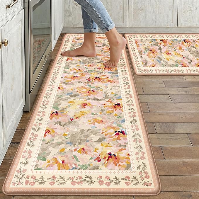 Anti Fatigue Kitchen Mats 2PCS Thick Non Slip Cushioned Rugs Beige Abstract Floral Waterproof Comfort Standing Mats for Floor Sink Laundry Office 17.3"×59"+17.3"×30"