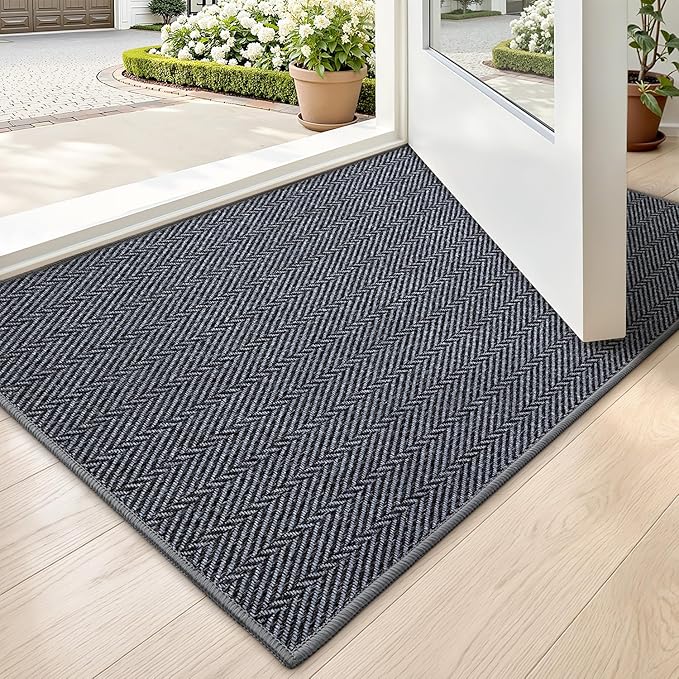 LUMI Ultra Thin Indoor Door Mat for Entrance 17"x30", Non Slip Entryway Mat, Low Profile Doormat, Unique Herringbone Design Carpet for Inside, Patio, Porch, Navy Gray