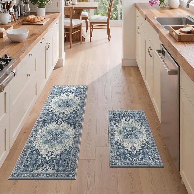 GENIMO Kitchen Rugs Non Slip Washable, 2PCS Kitchen Mats for Floor, Cushioned Standing Mat, Kitchen Runner Rug Floor Mat for Kitchen Decor, Laundry, Sink, Entryway, Home, 20"x32"+20"x59", Navy Blue