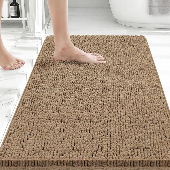 Bcoimo 30x20 Chenille Bath Mat – Non-Slip with Backing Bath Rug Ultra-Absorbent and Machine Washable Bathroom Mat Quick-Dry Design. Ideal for Bathroom Shower and Tub Areas