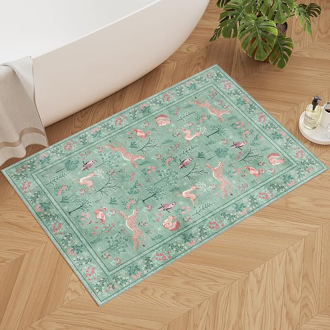 DUKINO 2x3 Rug, Washable Animal Rugs for Entryway, Non Slip Indoor Door Mat, Soft Low Pile Small Area Carpet for Entrance, Bedroom, Kitchen, Laundry, Bathroom, Teal
