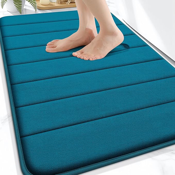 OLANLY Memory Foam Bath Mat 30x20, Super Soft Absorbent Bathroom Rugs, Quick Dry, Machine Washable Shower Floor Rugs, Bathmat Carpet, Bathroom Home Decor Accessories, Peacock Blue