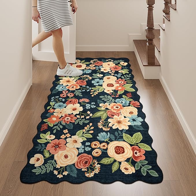 DUKINO 2x4 Washable Runner Rugs, Non Slip Floral Print Entryway Rug with Soft Low Pile, Lightweight Mat for Living Room, Bathroom, Bedroom, Kitchen, Navy Blue