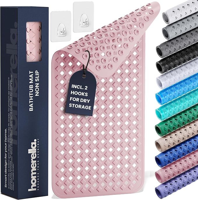 Bathtub Mat Non Slip 28x16 - homerella® Bath Mat Incl. Hooks for Drying, 100% BPA Free, Shower Mat Non Slip Anti Mold, Machine Washable, Shower Mats for Inside Shower Mildew Resistant (Rose)
