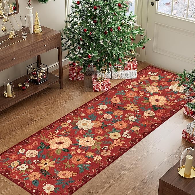 DUKINO 2x6 Runner Rug for Hallway, Washable Kitchen Runner Rug with Non Slip Backing, Low Pile Soft Boho Floral Runner for Kitchen, Hallway, Entryway, Laundry, Bedroom, Red