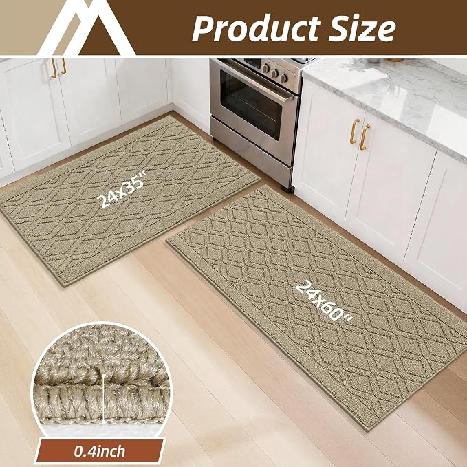 COSY HOMEER 60x24Inch/35X24Inch Kitchen Rugs Sets Non-Slip Washable Kitchen Mats for Floor Polypropylene Absorbent Kitchen Runner for Kitchen Sink Hallway Entryway(Beige)