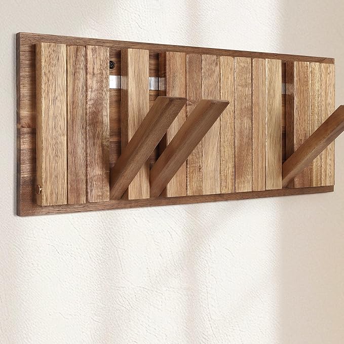 Wall Coat Rack for Entryway: Rustic Wooden Folding 8 Hooks Mount 16.5inch Decorative Piano Hanger for Farmhouse Hallway Bathroom for Towel Backpack Jacket (Neat Style)