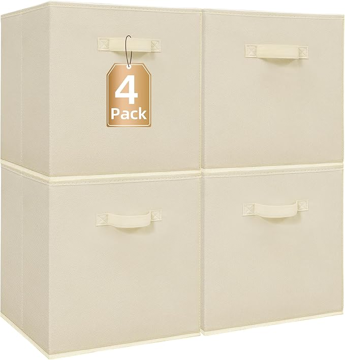 STORAGE MANIAC Storage Cubes, 13 Inch Collapsible Storage Bins with Handles, 4 Pack Fabric Foldable Bins for Organization, Durable Storage Bins for Closet, Shelves, Offices, 4-Pack Beige